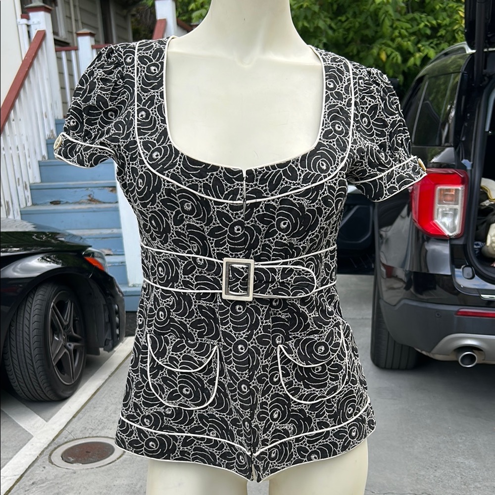 Nanette Lepore Black and White Floral Belted Top